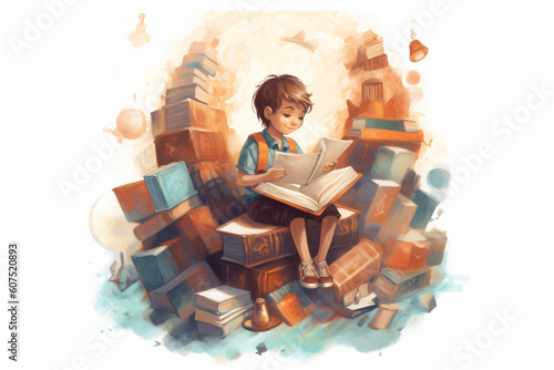 illustration of kid playing and study with book made with Generative AI