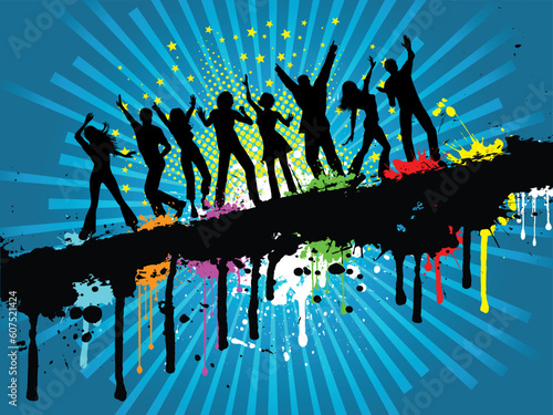 Silhouettes of people dancing on a grunge background