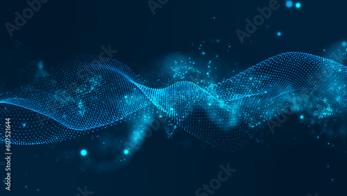 Futuristic point wave. Cyber big data flow. Blockchain data fields. Network line connect stream. Big data technology. Concept of AI technology, digital communication. 3d rendering