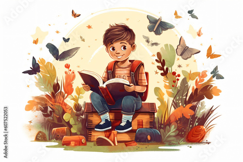 illustration of kid playing and study with book made with Generative AI