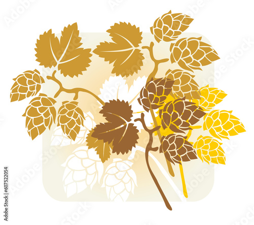Stylized hop flowers composition on a yellow background.