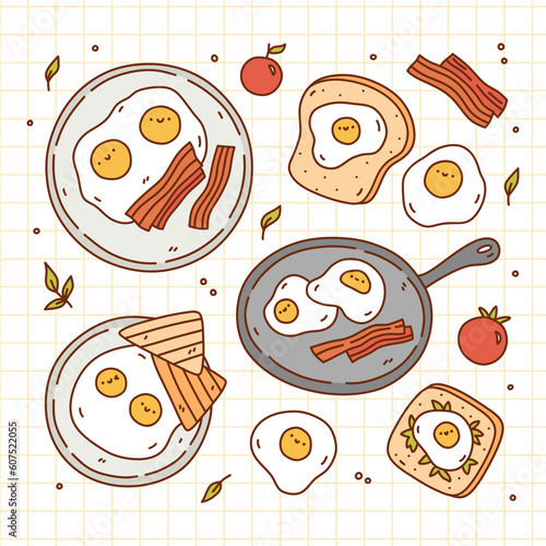 Cute breakfast set with fried eggs, bacon, toast and tomatoes. Vector hand-drawn illustration in kawaii doodle style. Perfect for various designs, cards, stickers, decorations, logo, menu, recipes.