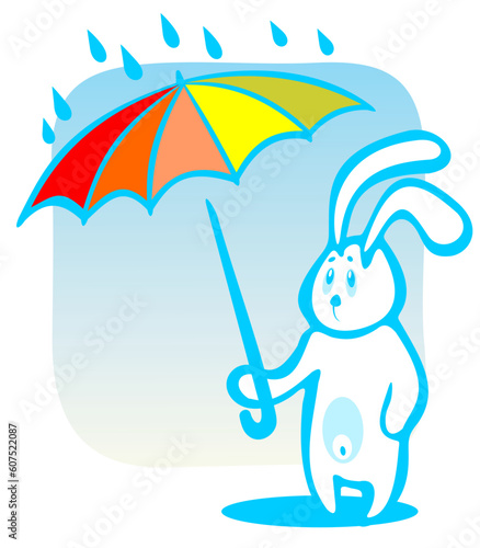 Cartoon rabbit with umbrella isolated on a blue background.