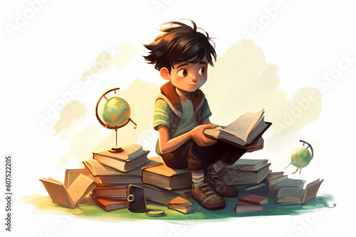 illustration of kid playing and study with book made with Generative AI
