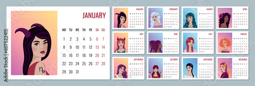 2024 monthly Zodiac calendar with the astrological sign as beautiful girls. The week starts Monday. 12 months of the year.