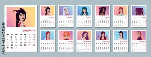 2024 monthly Zodiac calendar with the astrological sign as beautiful girls. The week starts Monday. 12 months of the year.
