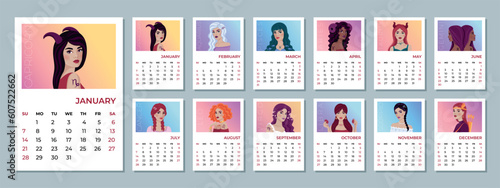 2024 monthly Zodiac calendar with the astrological sign as beautiful girls. The week starts Sunday. 12 months of the year.