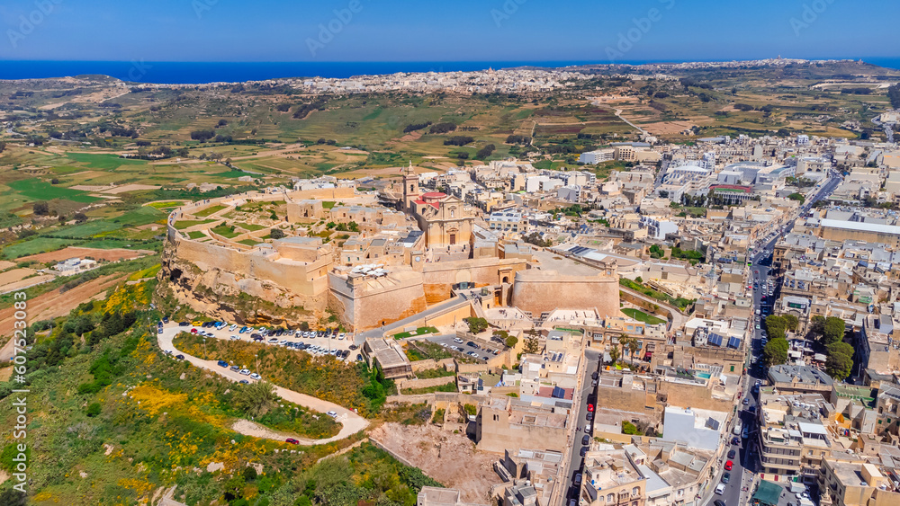 Aerial view of Cittadella fortress, Gozo. Victoria city, Malta, Europe
