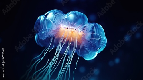 a blue jellyfish with long white tentacles. Generative AI Art. photo