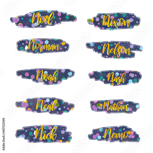 boy names that start with letter N, Noel, Nixon, Norman, Nelson, Noah, Nash, Neal, Nathan, Nick and Nemo, stickers, labels, gift tags, png file photo