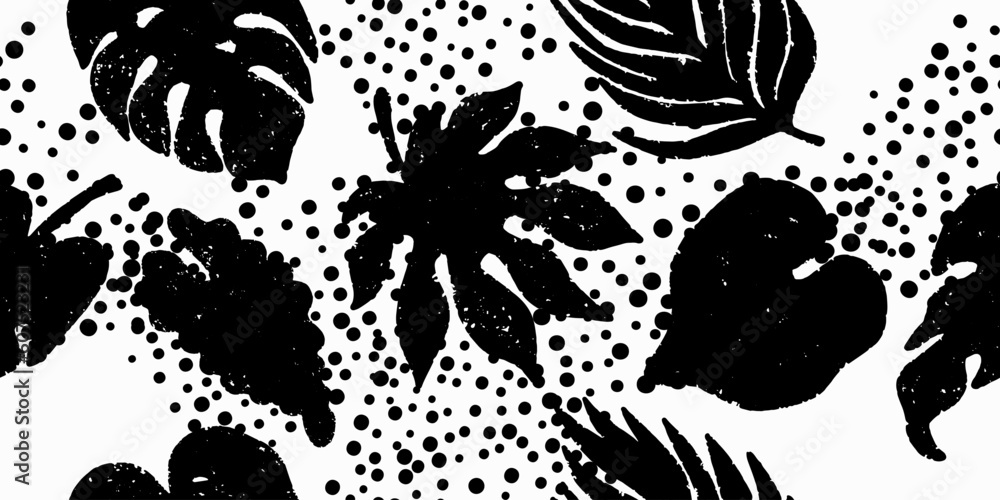 Tropical black and white seamless vector pattern with leaves and dots ...