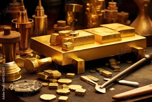 stock photo of gold bar and gold coin on the table photography Generative AI