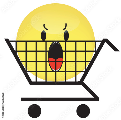 shopping cart with angry smiley face inside