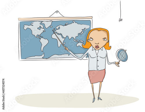 Geography teacher showing something to students on the world map