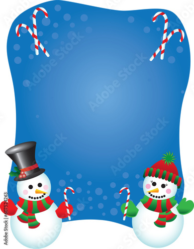 Vector illustration of a happy snowman and snowlady wearing hats, mittens and scarves on a festive background photo