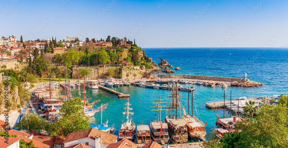 Kaleici port in Antalya, Turkey. Old town and harbor in sunny summer