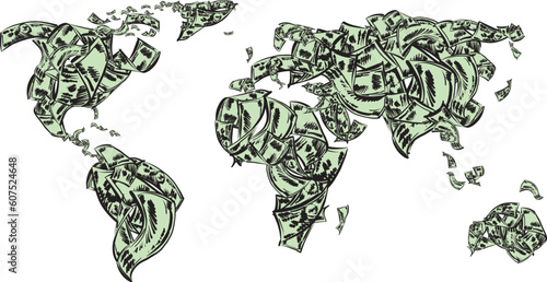 dollar bills money concept and world map vector illustration