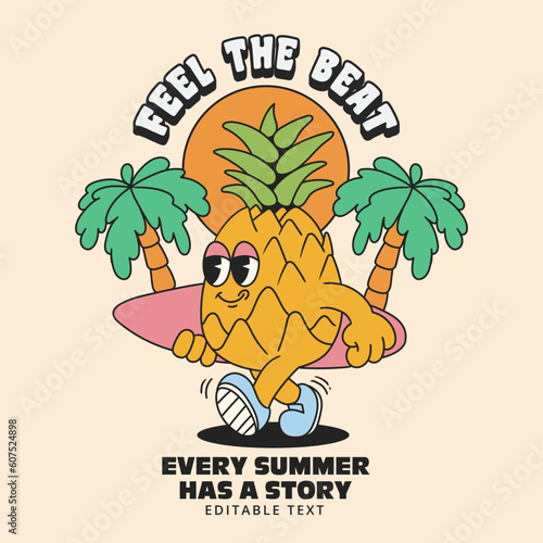 90s groovy pineapple character for summer poster