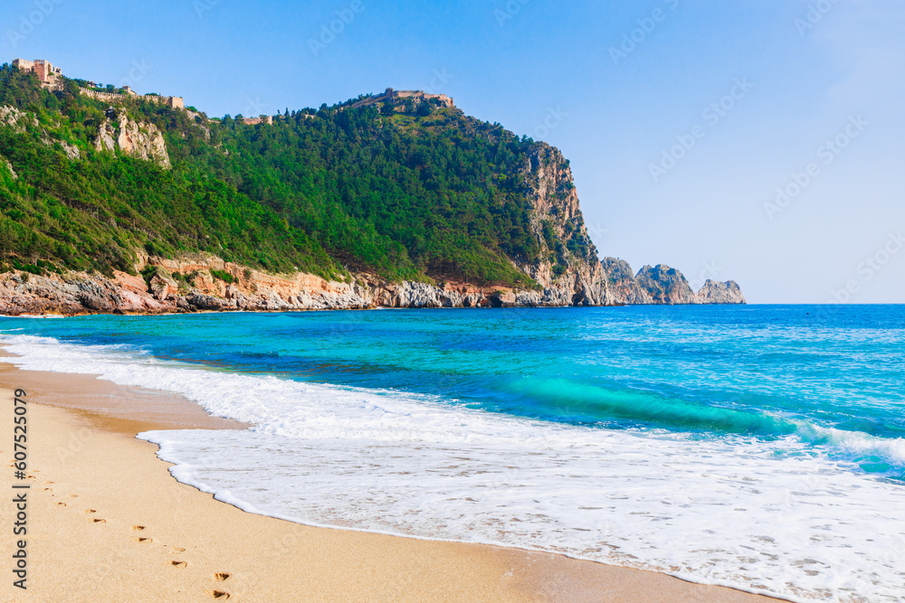 Cleopatra beach with sea, sand and rocks in Alanya, Antalya, Turkey.