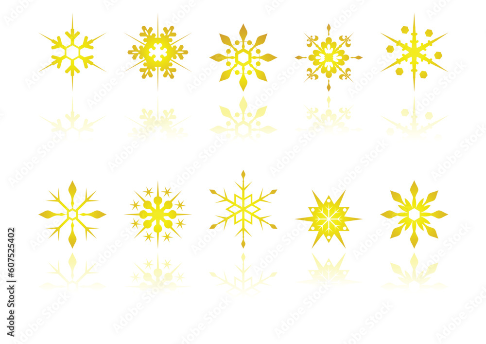 den snow crystals with reflection over white background den snow crystals with reflection over white background