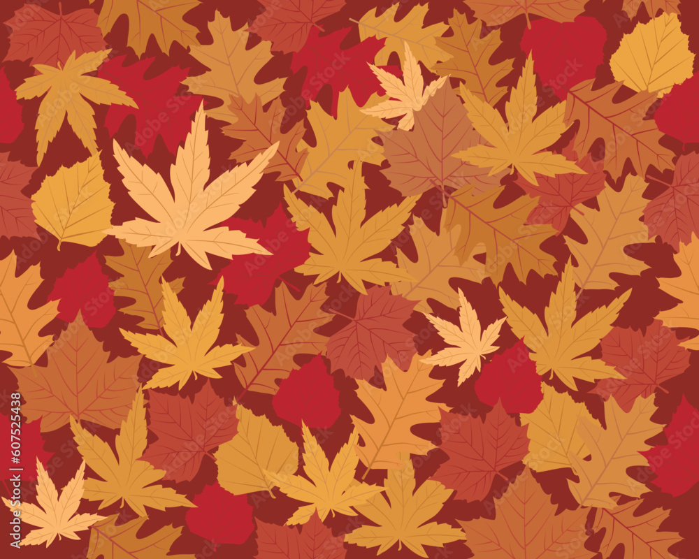 Seamless vector wallpaper of maple, oak and beach leaves in autumn colors Seamless vector wallpaper of maple, oak and beach leaves in autumn colors