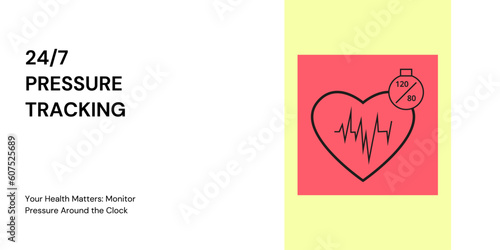 Pressure Tracking Banner on White and Yellow Background. Stylish Banner with Text and Icons for Healthcare and Medical photo