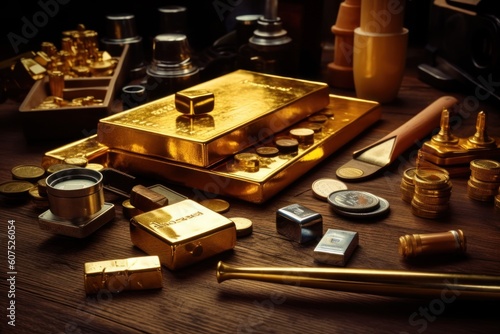 stock photo of gold bar and gold coin on the table photography Generative AI © NikahGeh