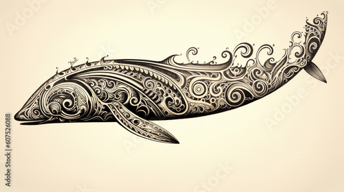 Abstract whale tattoo design with patterns and swirl