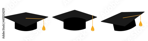 Graduation square hat set. Education cap collection. Vector illustration isolated on white.
