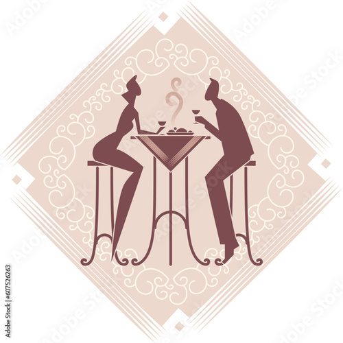 The young couple is having a dinner. Vector art. Decorative background.