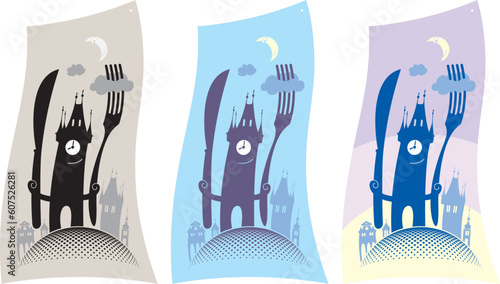 The old town tower invites to a restaurant for a dinner. Vector design.