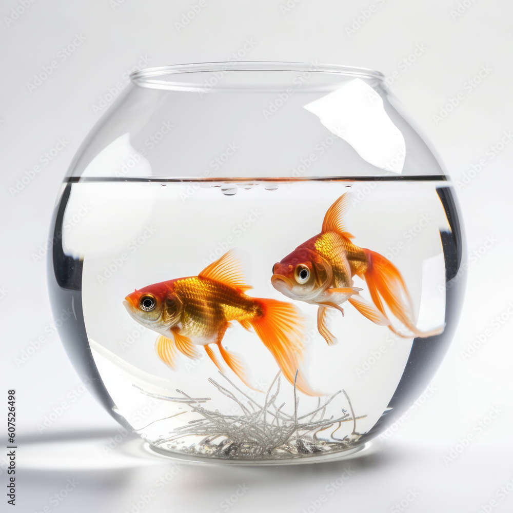 Fototapeta premium A colorful goldfish swims gracefully in a clear glass bowl, adding a touch of nature to any room. AI Generative.