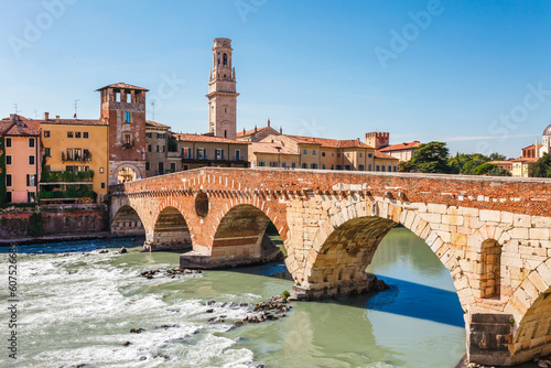 Landscape view of Verona city, bridge and Adige river in Italy, Europe