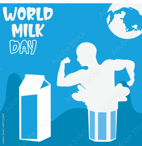world milk day glass milk bottle and spilled milk vector cartoon world milk day illustration man power icon world milk day social media post design  photo