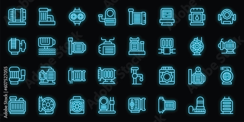 Submersible pump icons set outline vector. Water motor. Electric engine neon color on black