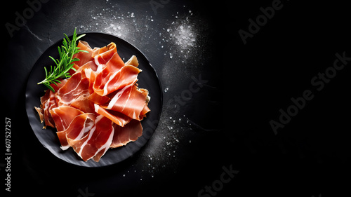 Spanish Jamon ham, prosciutto closeup isolated on black background copyspace, generative AI