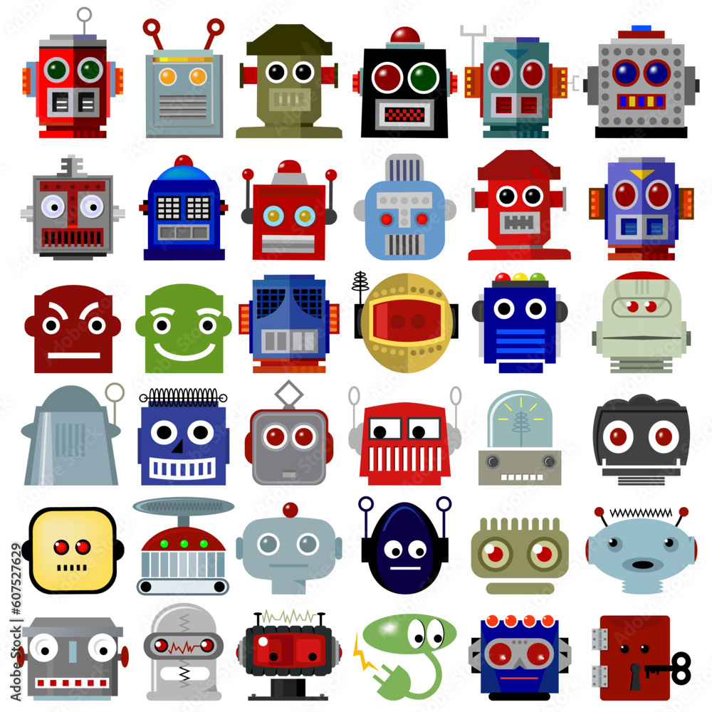 Colorful robot head Icons. Inspired by the retro robots of the 1950s and 1960s. Colorful robot head Icons. Inspired by the retro robots of the 1950s and 1960s.