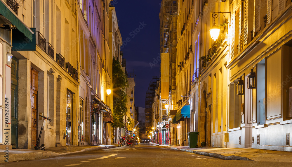 Night street view in Paris, France, Europe. Old architecture