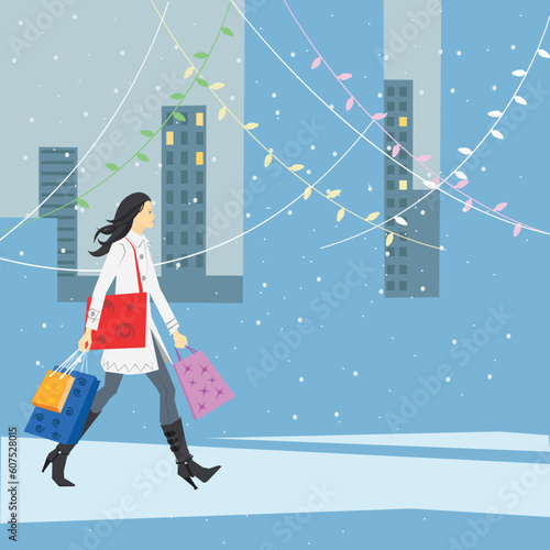 Illustration of a girl doing her Christmas shopping. Eps 8.