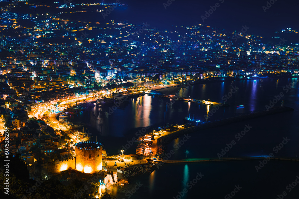 Landscape night view of Alanya and old castle, Antalya, Turkey
