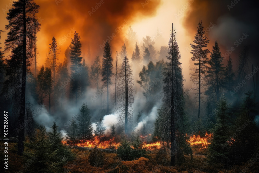 Forest fire in progress. Composite with different elements made with generative AI