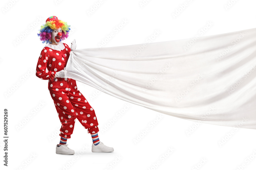 Clown pulling a big white cloth