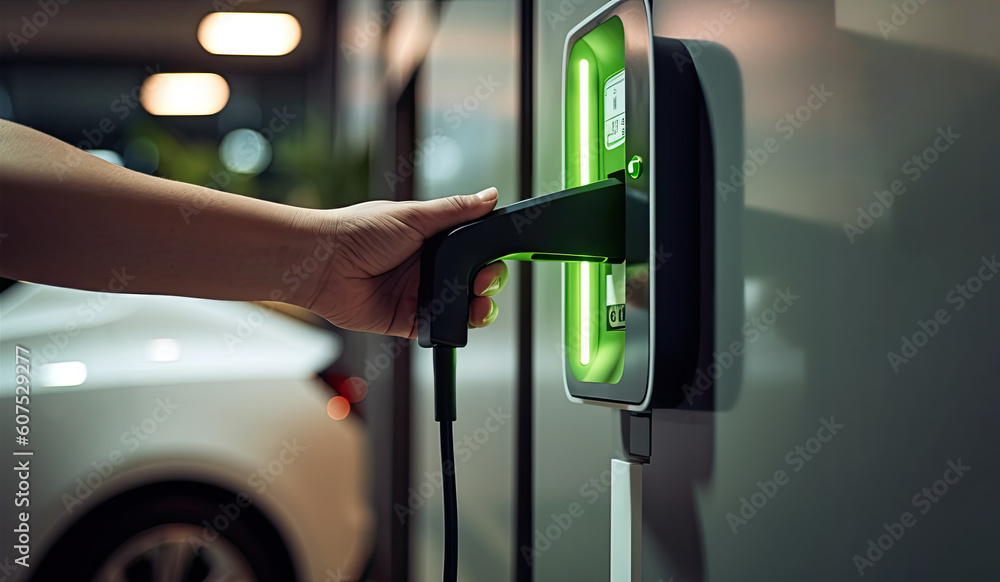 hand holding EV charger plug with blurred background of progressive electric vehicle and socket parking in home garage  - obrazy, fototapety, plakaty 