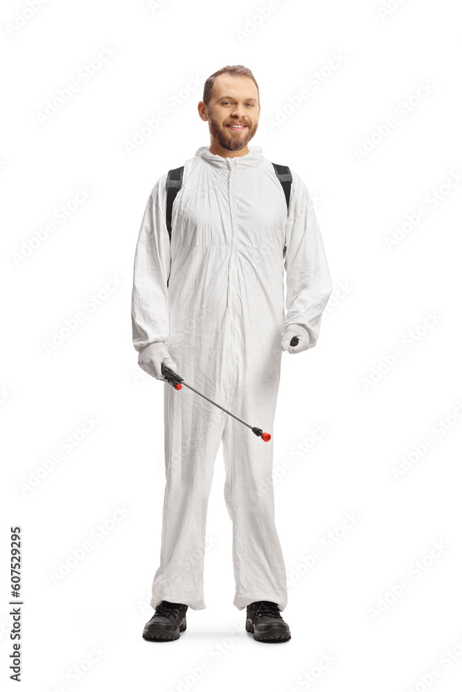 Full length portrait of a pest control worker in a white suit