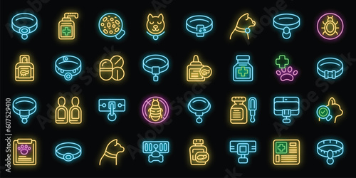 Flea collar icons set outline vector. Cat travel. Home animal neon color on black