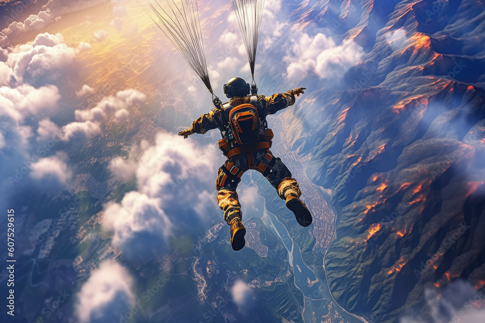 A fearless skydiver takes the leap of a lifetime, soaring through the air with the earth and clouds below. . Generative AI, AI. A fearless skydiver takes the leap of a lifetime, soaring through the air with the earth and clouds below. . Generative AI, AI.