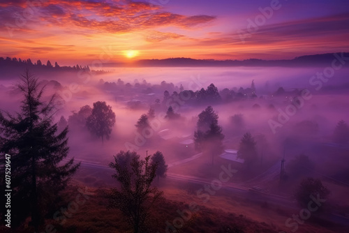 A stunning, fairytale-like sunrise on a misty meadow in shades of red and purple. Generative AI, AI.