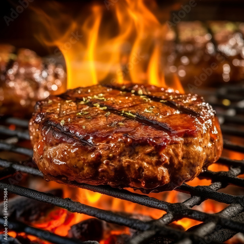 Grilled fresh juicy beef steak on grill, close up, isolated, copy space, generative AI