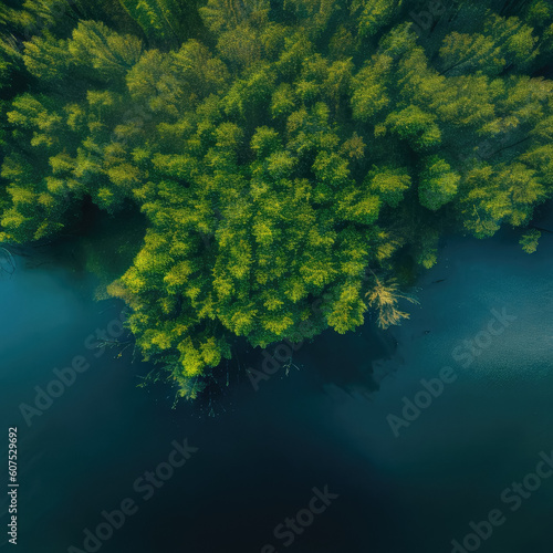 A stunning aerial shot of a lush forest and serene lake, with vibrant greens and sparkling blues. . Generative AI, AI.