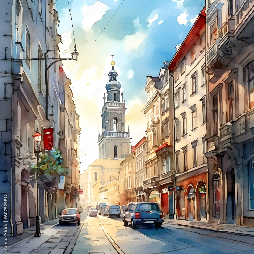 Cityscape Serenade: Watercolor Illustrations of Capital Streets Generative AI